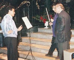 Composer Charles Camilleri with flutist Laura Falzon and John Galea